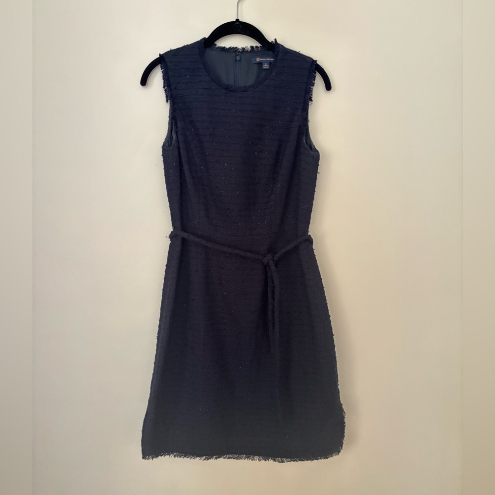 Brooks Brothers Navy Sleeveless Tweed Dress with Tie Belt
